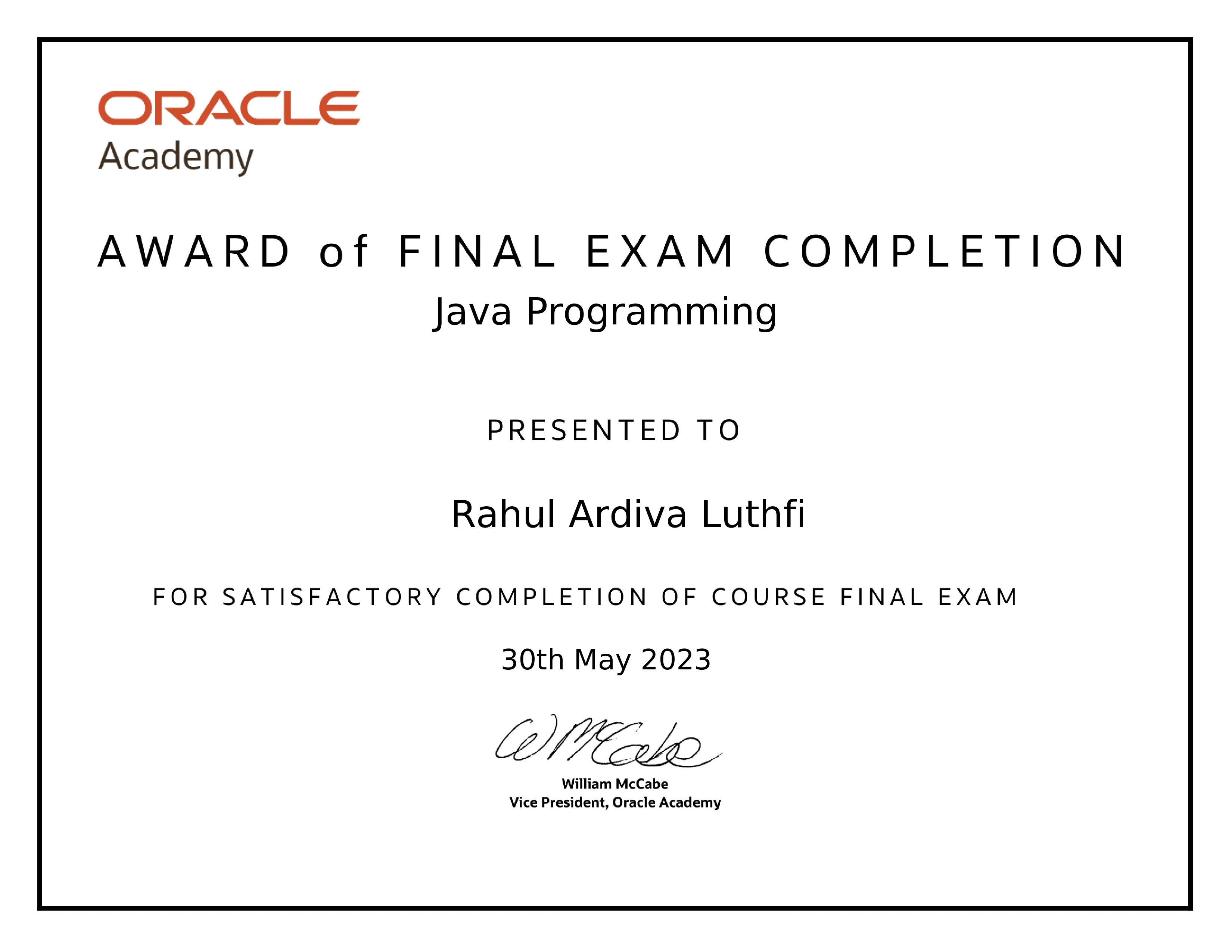 Sertifikat Java Programming - Oracle Academy
