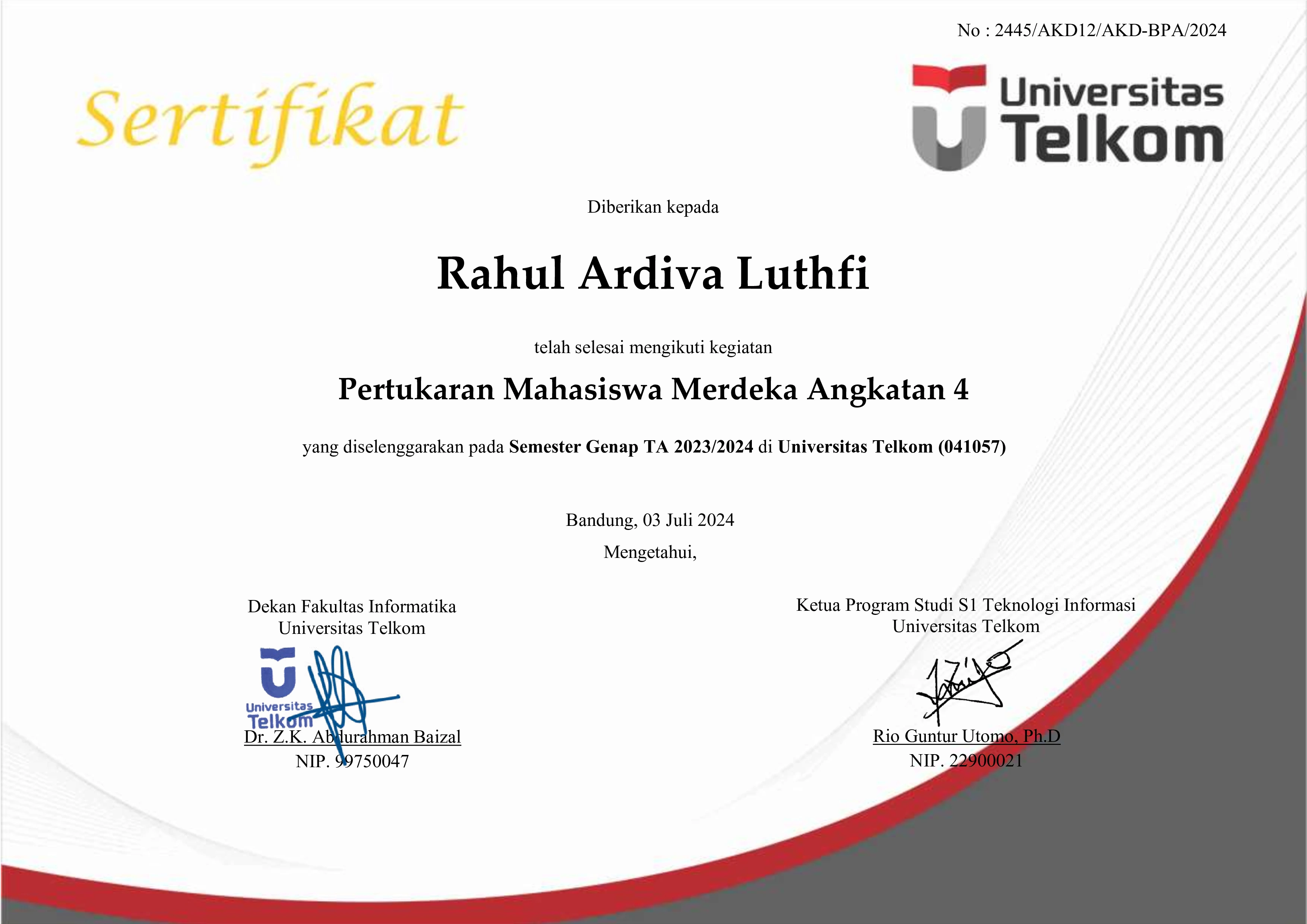 Sertifikat PMM4 Telkom Univeristy